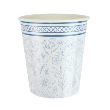 Gobelets en carton blanc avec frise bleue et délicats motifs floraux bleus | jourdefete.com