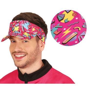 Visière fluo rose motif années 80 avec éclairs et formes rétro colorées | jourdefete.com