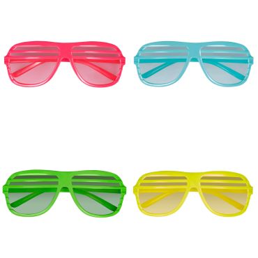 Quatre paires de lunettes à grille fluo style années 80 en rose, bleu, vert et jaune | jourdefete.com