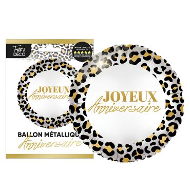Ballon métallique rond avec contour motif léopard et écriture dorée Joyeux Anniversaire pour adulte | jourdefete.com