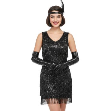 Femme portant des gants longs noirs en simili cuir avec zip argenté et une robe Charleston | jourdefete.com Femme portant des gants longs noirs en simili cuir avec zip argenté et une robe Charleston | jourdefete.com