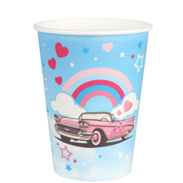 Gobelets en carton Girly x10, design rétro avec voiture rose et arc-en-ciel | jourdefete.com