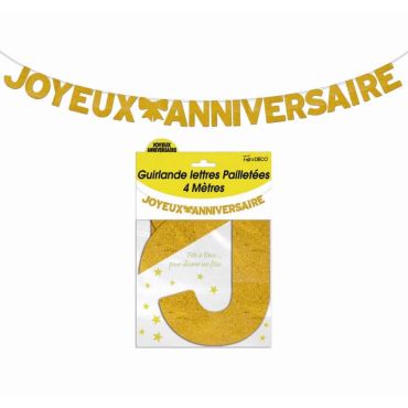 Guirlande 4m Lettres a paillettes Joyeux Anniversaire Or | jourdefete.com