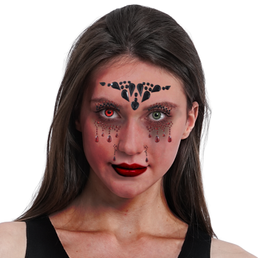 Bijoux adhésifs de visage Larmes rouges avec couronne noire au front et gouttes rouges sous les yeux pour maquillage vampirique | jourdefete.com