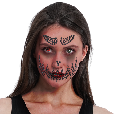 Bijoux adhésifs de visage Perles noires style maquillage gothique avec sourcils perlés et bouche piquetée | jourdefete.com