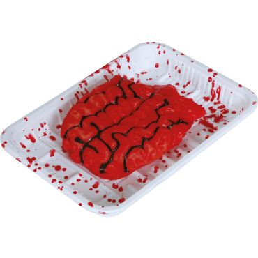 Faux cerveau humain ensanglanté dans une barquette de boucherie blanche pour décoration de table Halloween | jourdefete.com