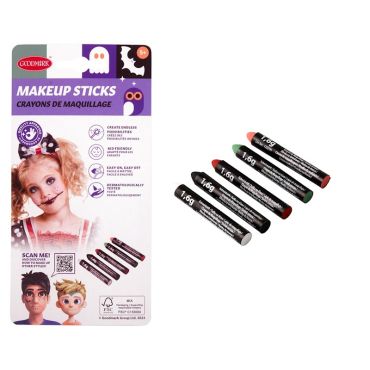 Crayons de maquillage Halloween x5 — noir, blanc, rouge, vert, orange, sticks faciles à appliquer pour enfants | jourdefete.com