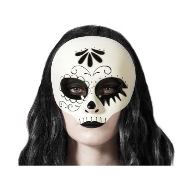 Masque blanc et noir de la Muerte avec arabesques mexicaines pour déguisement d'Halloween | jourdefete.com Masque blanc et noir de la Muerte avec arabesques mexicaines pour déguisement d'Halloween | jourdefete.com