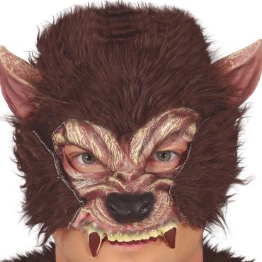Demi-masque de loup-garou pour Halloween avec fourrure et crocs | jourdefete.com
