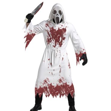 Homme terrifiant vêtu d'une longue tunique blanche couverte de sang et d'un masque de fantôme hurlant tenant un couteau pour Halloween | jourdefete.com Homme terrifiant vêtu d'une longue tunique blanche couverte de sang et d'un masque de fantôme hurlant tenant un couteau pour Halloween | jourdefete.com