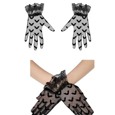 Gants dentelle noirs avec motif chauves-souris pour Halloween | jourdefete.com
