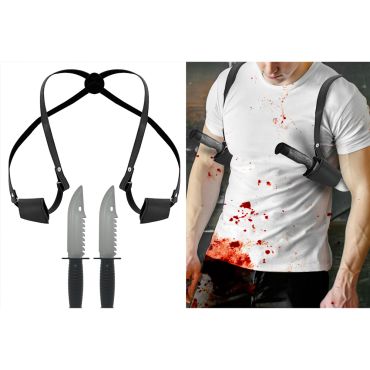 Holster double noir avec deux faux couteaux de tueur pour déguisement d'Halloween | jourdefete.com Holster double noir avec deux faux couteaux de tueur pour déguisement d'Halloween | jourdefete.com