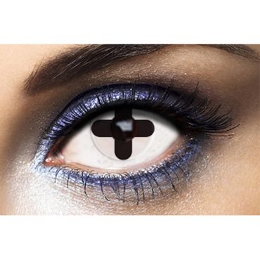 Lentilles fantaisie blanches avec croix noire Knock Out pour une semaine | jourdefete.com