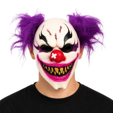 Masque de clown tueur blanc avec cheveux violets ébouriffés et grand sourire effrayant pour Halloween | jourdefete.com
