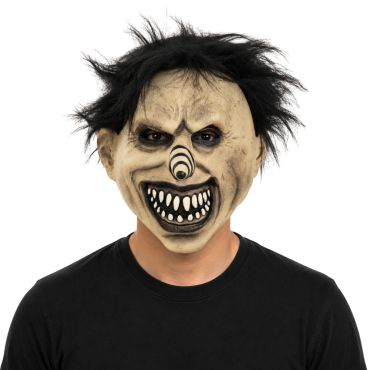 Masque de clown sinistre beige au nez pointu spirale noir et blanc avec cheveux noirs pour déguisement d'Halloween | jourdefete.com Masque de clown sinistre beige au nez pointu spirale noir et blanc avec cheveux noirs pour déguisement d'Halloween | jourdefete.com