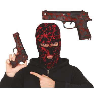 Pistolet Halloween factice noir avec éclaboussures de sang rouge | jourdefete.com