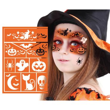 Enfant maquillée pour Halloween avec des motifs de sorcière réalisés à l’aide d’un pochoir | jourdefete.com