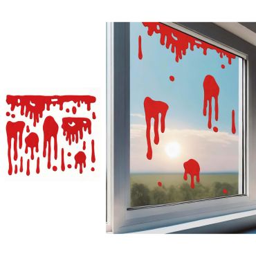 Décoration adhésive en gel rouge représentant des coulures de sang réalistes sur une vitre pour Halloween | jourdefete.com