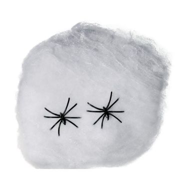 Toile d'araignée blanche de 20cm avec deux fausses araignées noires pour décoration halloween | jourdefete.com