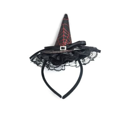 Serre-tête Halloween avec mini chapeau de sorcière noir et dentelle | jourdefete.com