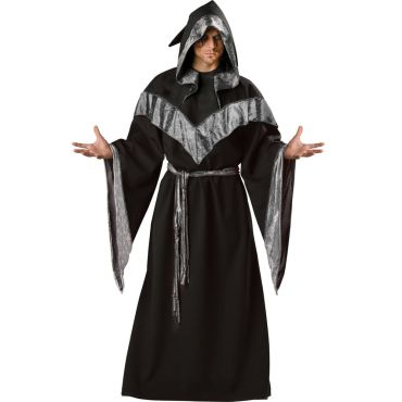 Homme en costume de sorcier sombre noir et gris avec capuche pour Halloween | jourdefete.com