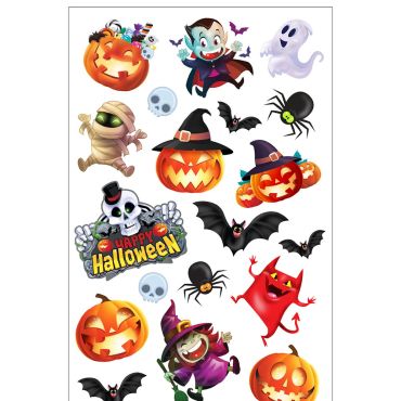 Planche de tatouages temporaires Halloween fun pour enfants avec citrouilles, fantômes et chauves-souris | jourdefete.com