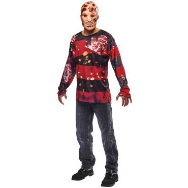 Costume d'Halloween complet pour homme avec t-shirt rayé rouge et noir et masque brûlé de Freddy Krueger | jourdefete.com