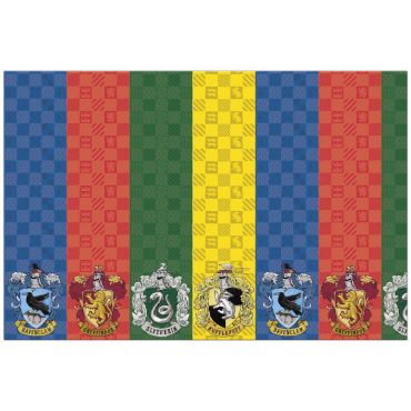 Nappe Harry Potter colorée avec blasons des maisons de Poudlard : Gryffondor, Serpentard, Serdaigle et Poufsouffle | jourdefete.com