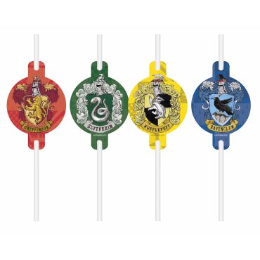 Lot de 4 pailles médaillon Harry Potter avec blasons Gryffondor, Serpentard, Poufsouffle et Serdaigle | jourdefete.com