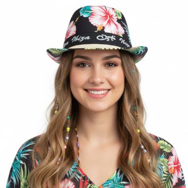 Chapeau hawaïen Ibiza à fleurs tropicales porté lors d’une fête estivale | jourdefete.com