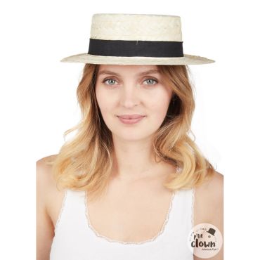 Chapeau canotier en paille avec ruban noir rétro chic | jourdefete.com