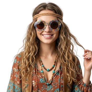 Femme arborant des lunettes de soleil en forme de fleurs avec motifs floraux pour un look hippie et bohème | jourdefete.com