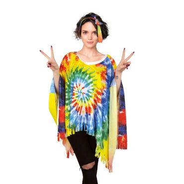 Poncho hippie multicolore tie & dye porté avec un bandeau assorti | jourdefete.com