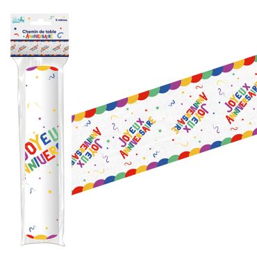 Chemin de table intissé blanc avec inscriptions Joyeux Anniversaire multicolores et confettis pour fête d'enfant | jourdefete.com Chemin de table intissé blanc avec inscriptions Joyeux Anniversaire multicolores et confettis pour fête d'enfant | jourdefete.com