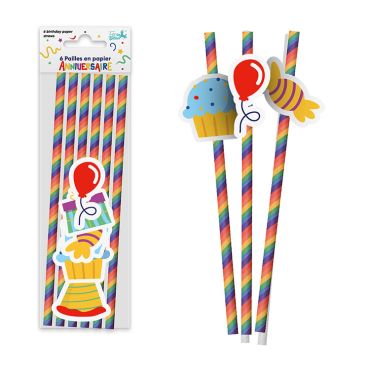 Lot de 6 pailles en papier à rayures multicolores avec petits décors de fête en carton | jourdefete.com Lot de 6 pailles en papier à rayures multicolores avec petits décors de fête en carton | jourdefete.com