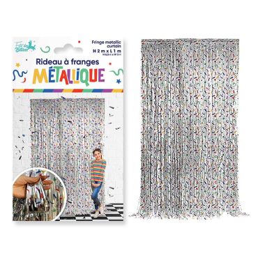 Rideau à franges métallique argenté avec motifs multicolores pour décoration d'anniversaire enfant | jourdefete.com