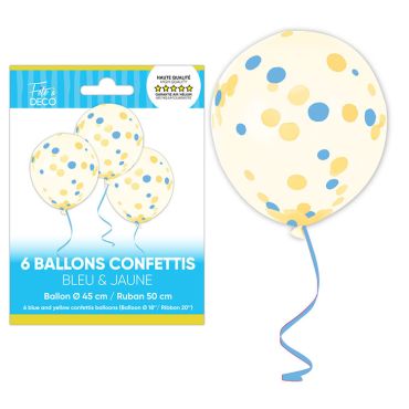 Sachet de 6 ballons transparents avec confettis bleu et jaune thème Lemon 45 cm | jourdefete.com