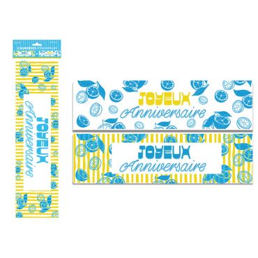 Lot de 2 bannières murales Joyeux Anniversaire motifs citrons bleus et rayures jaunes | jourdefete.com