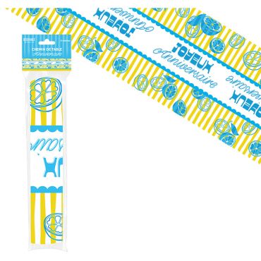 Chemin de table anniversaire intissé motifs citrons bleus et rayures jaunes 5m | jourdefete.com