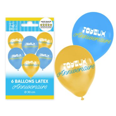 Sachet de 6 ballons latex bleu et jaune Joyeux Anniversaire thème Lemon 30 cm | jourdefete.com