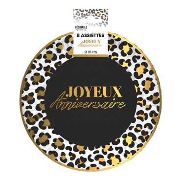 Lot de 8 petites assiettes à dessert 18 cm centre noir et bordure motif léopard or avec inscription Joyeux Anniversaire | jourdefete.com Lot de 8 petites assiettes à dessert 18 cm centre noir et bordure motif léopard or avec inscription Joyeux Anniversaire | jourdefete.com