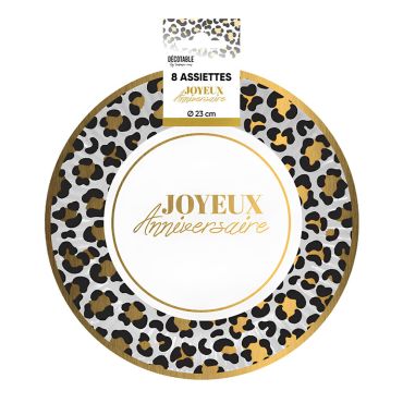 8 assiettes en carton 23 cm contour motif léopard et centre blanc avec lettrage Joyeux Anniversaire doré | jourdefete.com 8 assiettes en carton 23 cm contour motif léopard et centre blanc avec lettrage Joyeux Anniversaire doré | jourdefete.com
