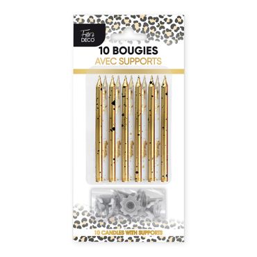 10 bougies dorées avec taches noires motif léopard et leurs supports pour gâteau d'anniversaire | jourdefete.com