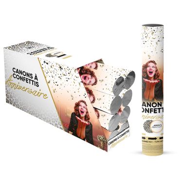 Canon à confettis d'anniversaire avec emballage blanc et doré au motif léopard | jourdefete.com