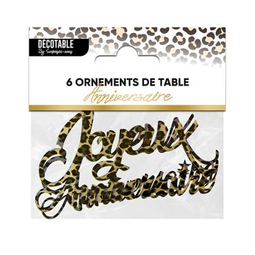 Lot de 6 ornements de table géants Joyeux Anniversaire écriture cursive motif léopard | jourdefete.com