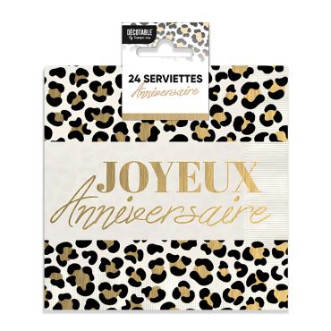 Lot de 24 serviettes en papier motif léopard noir et or avec inscription Joyeux Anniversaire | jourdefete.com Lot de 24 serviettes en papier motif léopard noir et or avec inscription Joyeux Anniversaire | jourdefete.com