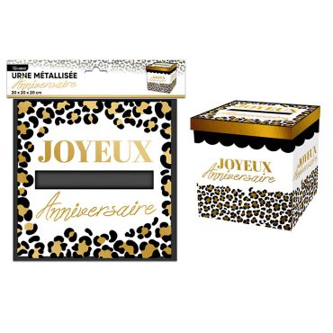 Urne de fête carrée avec motif léopard et écriture dorée joyeux anniversaire pour collecte de cartes et cadeaux | jourdefete.com Urne de fête carrée avec motif léopard et écriture dorée joyeux anniversaire pour collecte de cartes et cadeaux | jourdefete.com