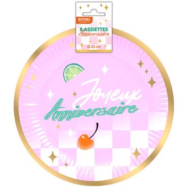 Assiettes en carton rose avec motif damier, liseré doré et inscription Joyeux Anniversaire pour décoration de fête Rétro Pop | jourdefete.com