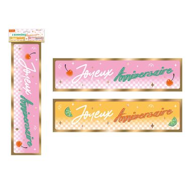 Lot de deux bannières murales Joyeux Anniversaire style rétro pop rose et jaune avec fruits | jourdefete.com Lot de deux bannières murales Joyeux Anniversaire style rétro pop rose et jaune avec fruits | jourdefete.com