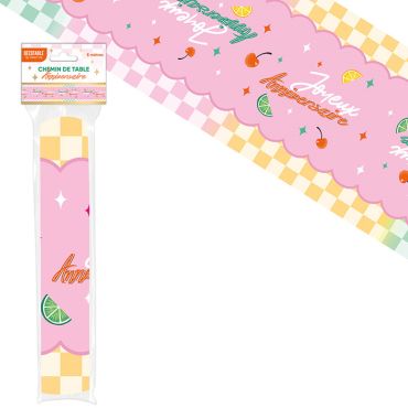 Chemin de table Joyeux Anniversaire motif damier pastel cerises et agrumes thème Rétro Pop | jourdefete.com